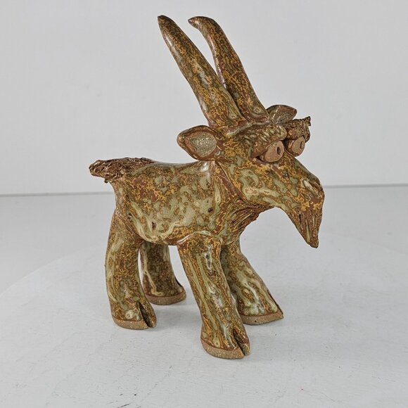 Handcrafted Pottery Goat Figurine With Textured Glaze For Rustic Decor Signed JB - Picture 8 of 8